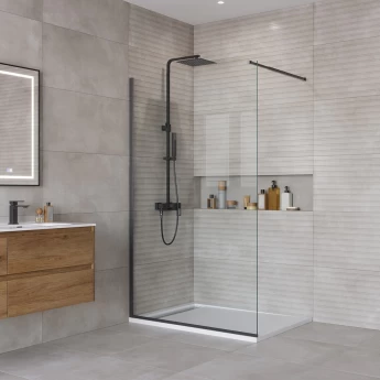 Душевая перегородка BELBAGNO KRAFT-L-1-110-C-NERO с односторонним входом, стекло прозрачное, профиль чёрный, 1100x1950 мм